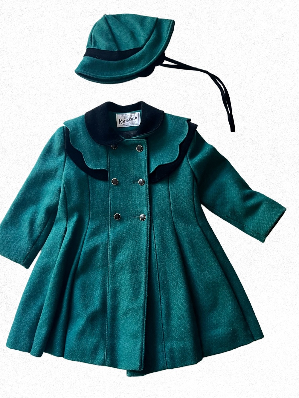 Rothschild Girls' Teal Double-Breasted Wool-Blend Coat with Matching Hat
